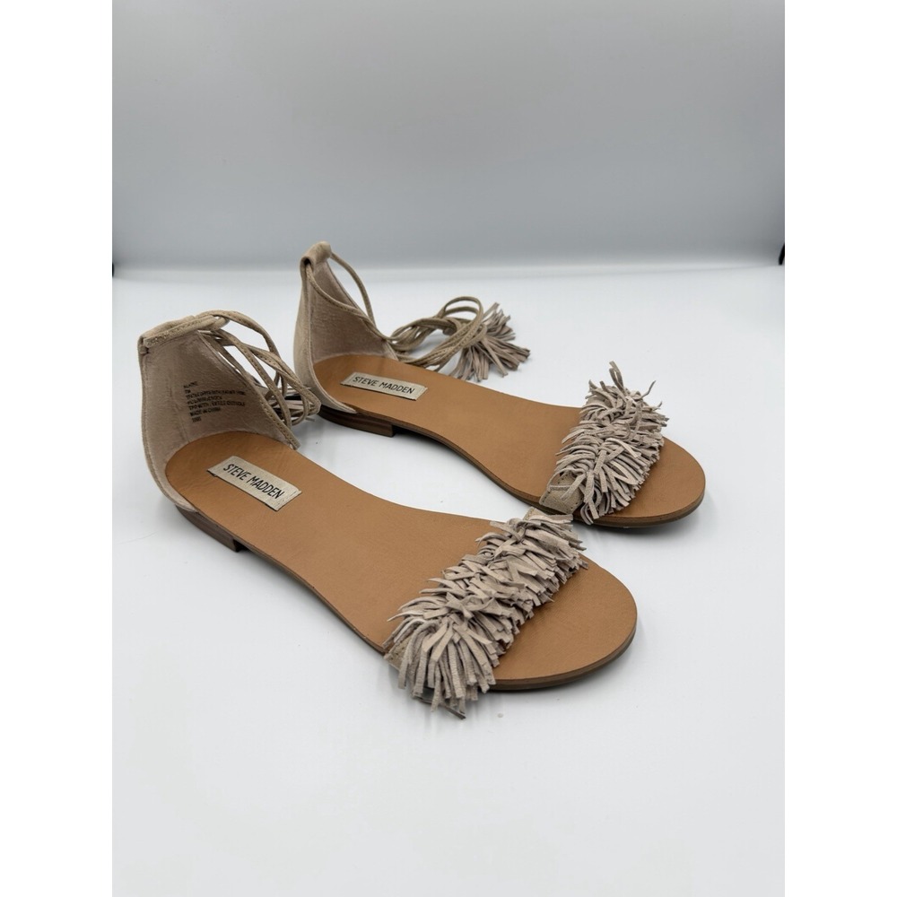 Steve Madden Sweety Fringe Sandals Ankle Tie Size 7 Taupe